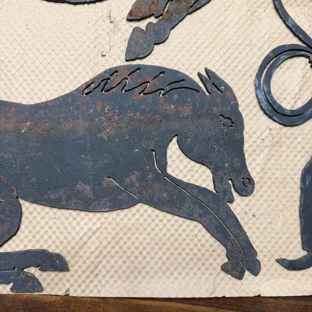 Vintage Rustic Metal Cowboy and Horses Wall Art Set 17 Inch Western Silhouette